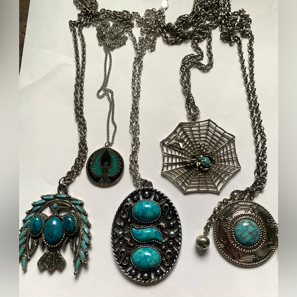 Lot of 5 Faux Turquoise Silver tone Pendants
